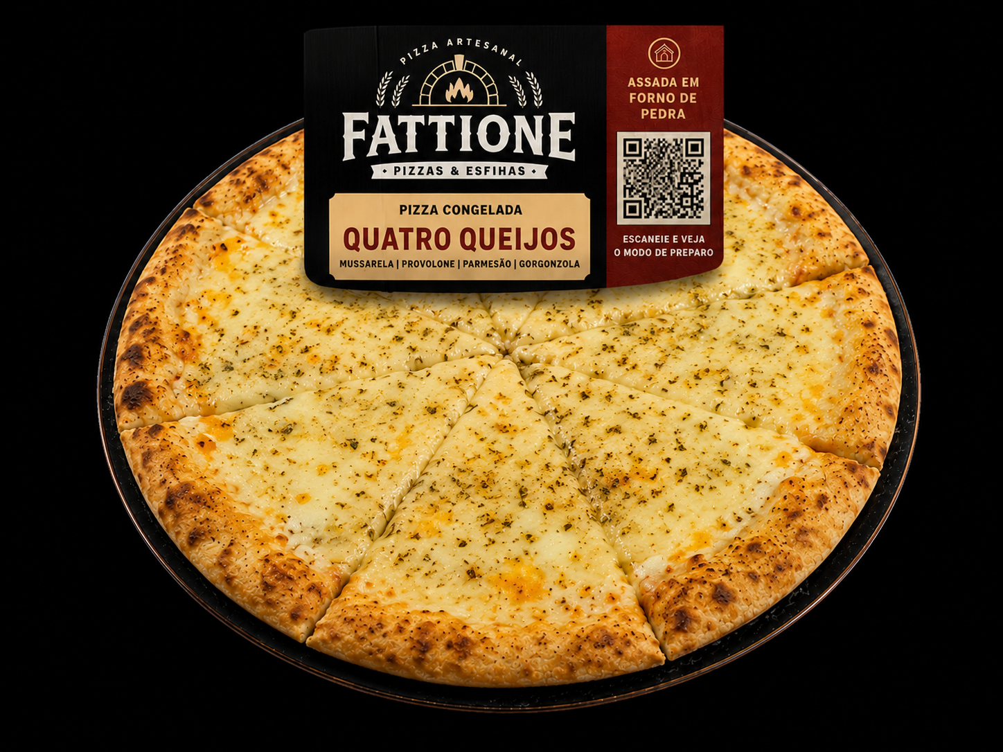 Pizza Família Fattione sabor Quatro Queijos com embalagem